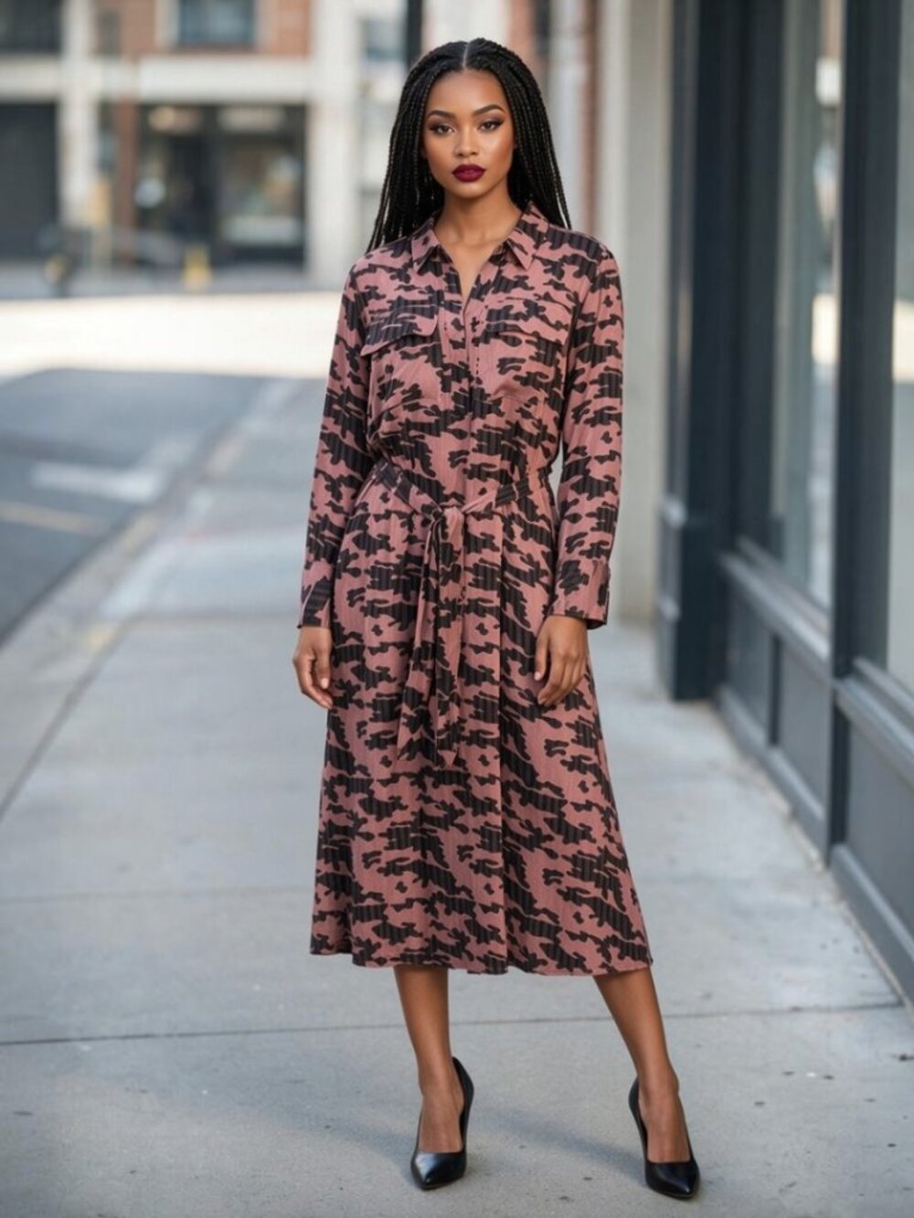 Kenneth Cole Camo Midi Shirt Dress in Pink & Black Size Large